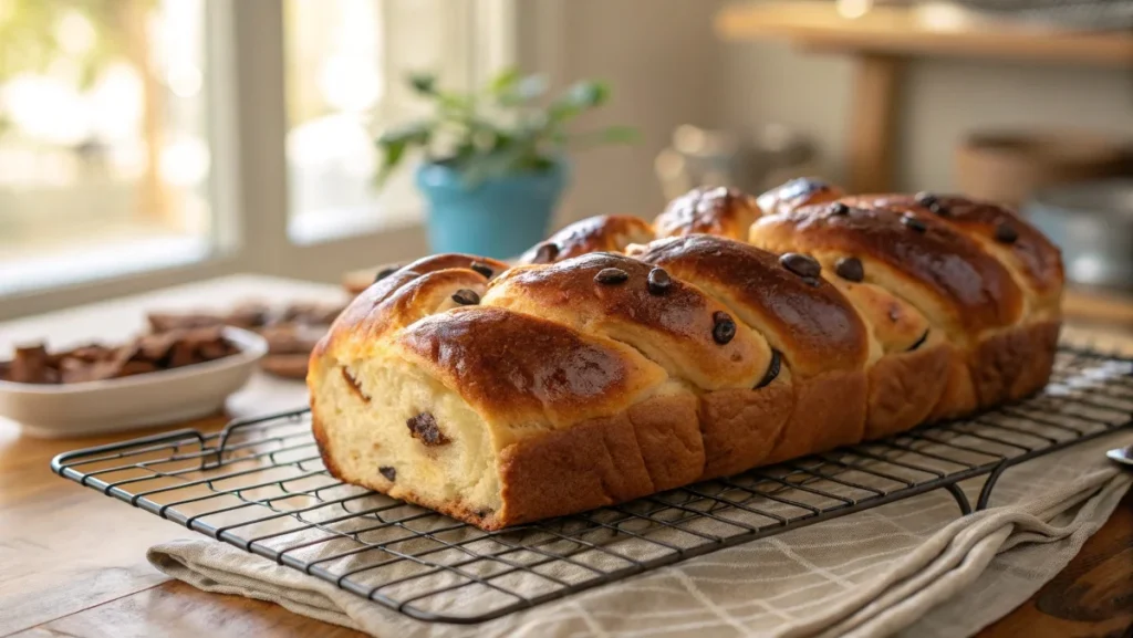  Golden-brown braided chocolate chip brioche cooling on a rack with visible chocolate chips.

