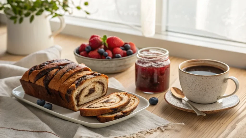 A breakfast spread featuring sliced chocolate babka, coffee, jam, and fresh berries.