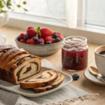 A breakfast spread featuring sliced chocolate babka, coffee, jam, and fresh berries.