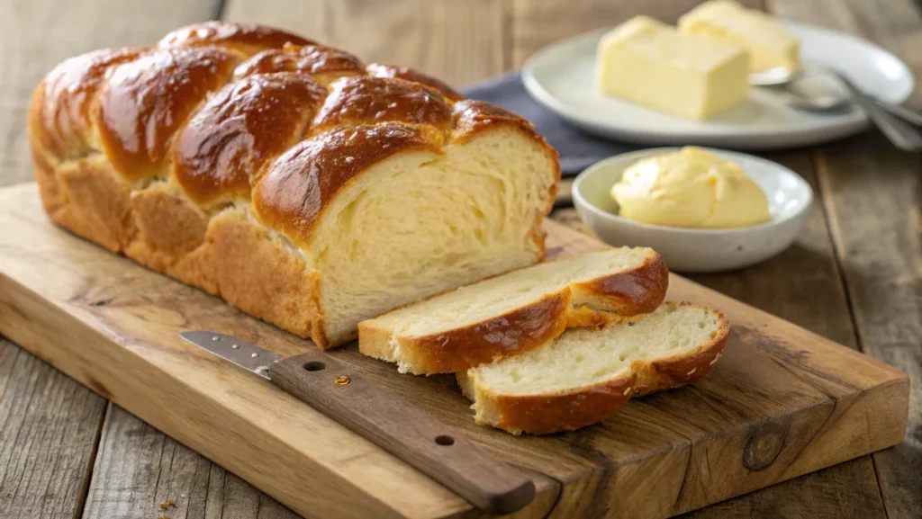 Close-up of a golden-brown braided brioche loaf with a soft, buttery interior, sliced on a wooden cutting board