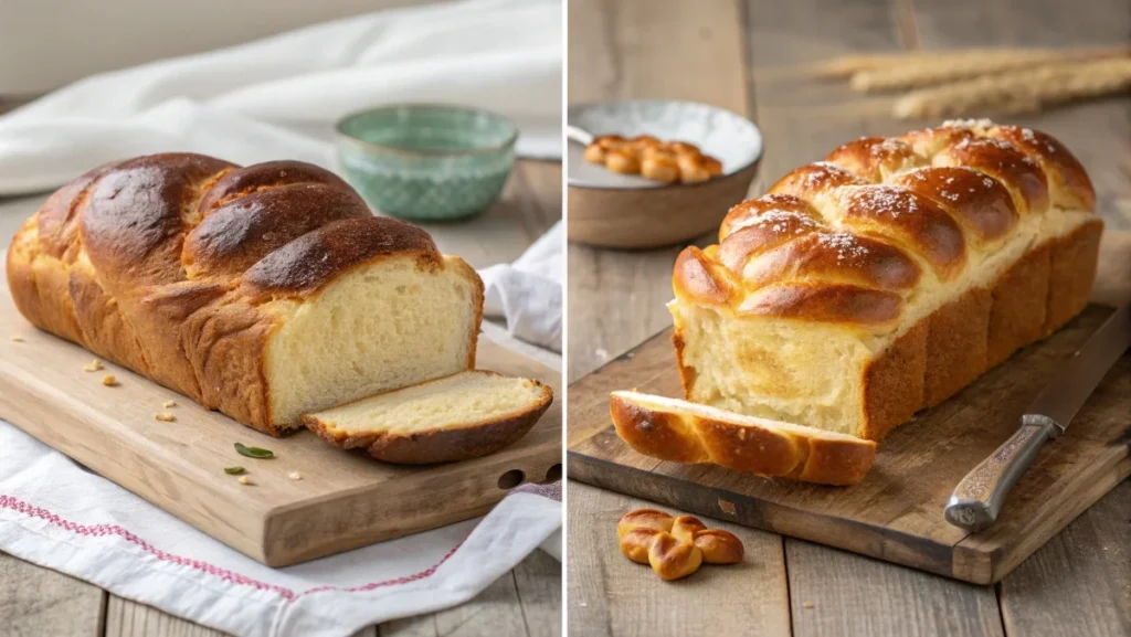 A split image showing a buttery brioche loaf on one side and a golden challah loaf on the other, highlighting their differences