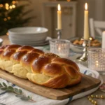 Braided challah bread surrounded by candles and festive decorations, placed on a table during a family celebration