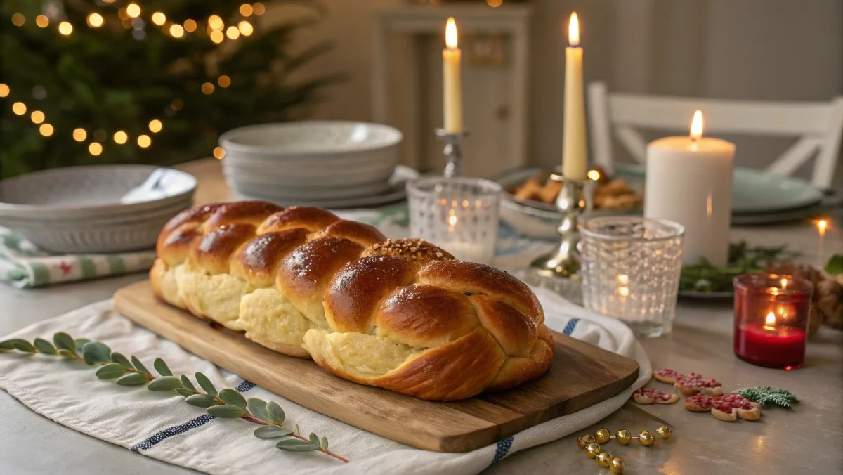 Braided challah bread surrounded by candles and festive decorations, placed on a table during a family celebration