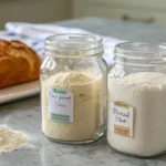 Side-by-side comparison of all-purpose flour and bread flour with a freshly baked brioche loaf.