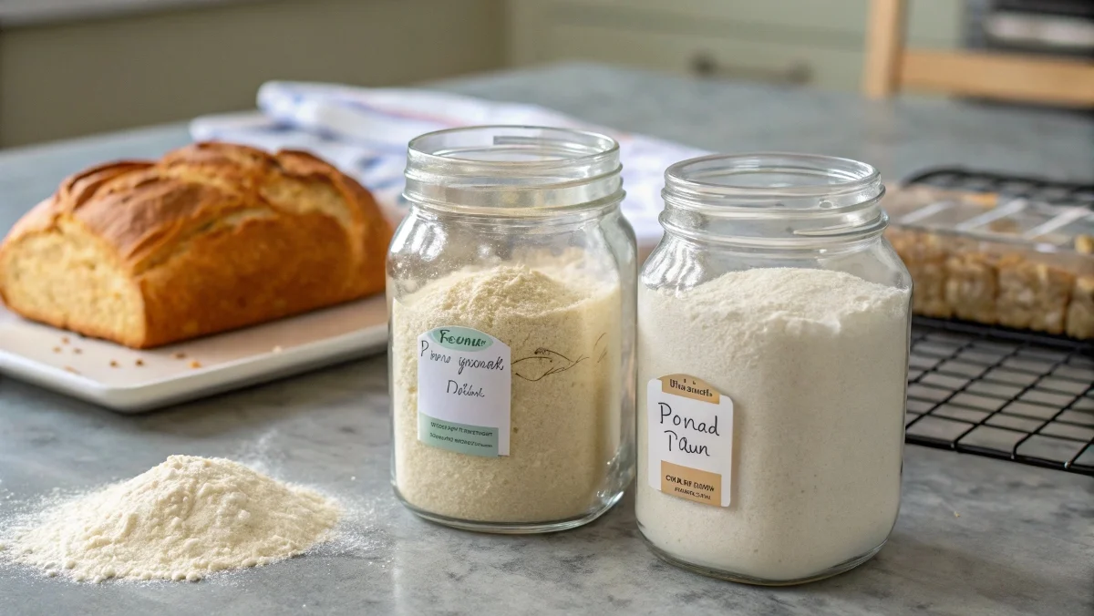 Side-by-side comparison of all-purpose flour and bread flour with a freshly baked brioche loaf.