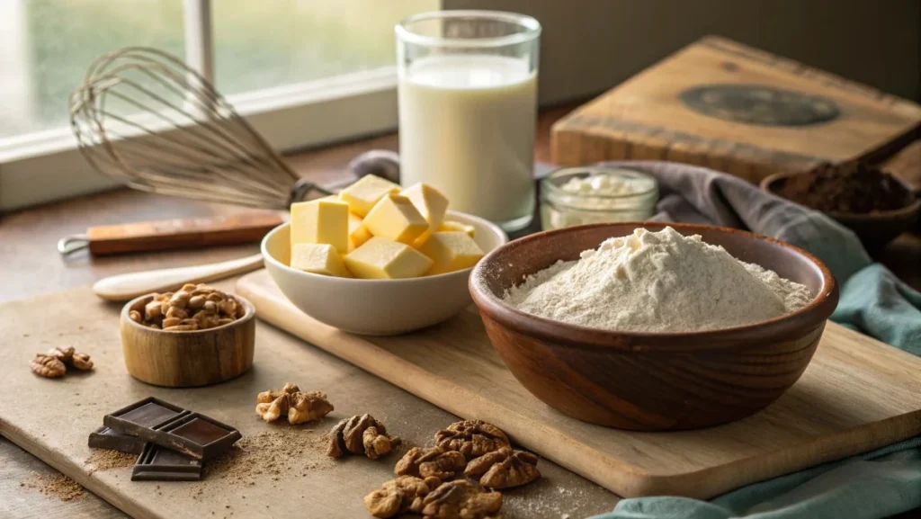 Ingredients for making chocolate swirl babka, including flour, butter, cinnamon, walnuts, sugar, and chocolate.