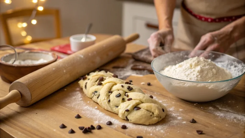 Kneading dough for braided chocolate chip brioche with flour and chocolate chips on a wooden counter