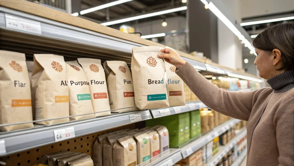 A shopper choosing between all-purpose and bread flour in a grocery store, with various brands in clear view.