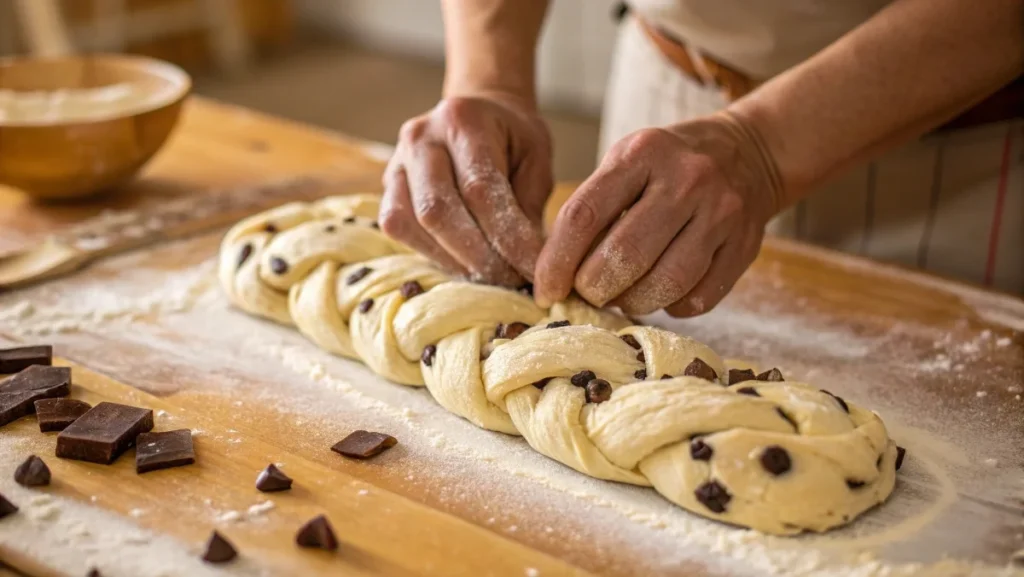 Hands braiding dough for braided chocolate chip brioche with visible chocolate chunks on a floured countertop.