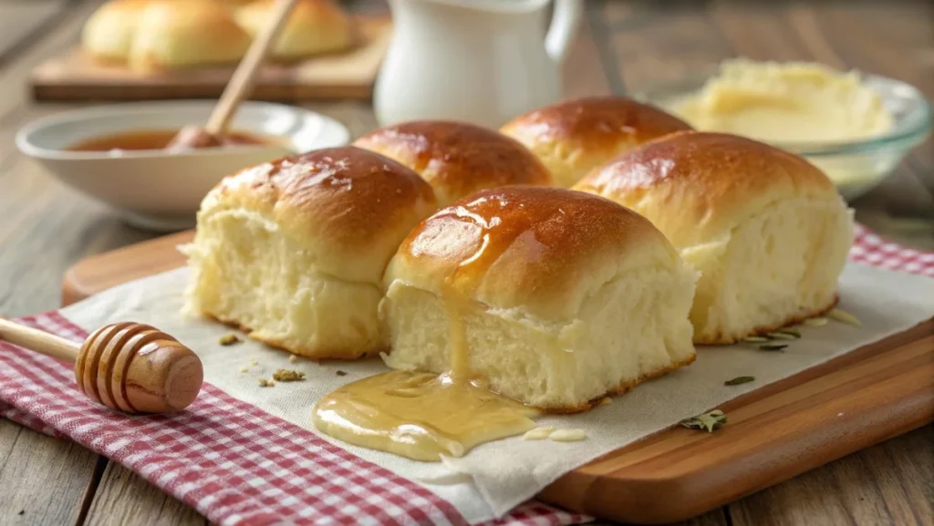 Soft, golden brioche rolls with honey butter glaze on a wooden countertop.