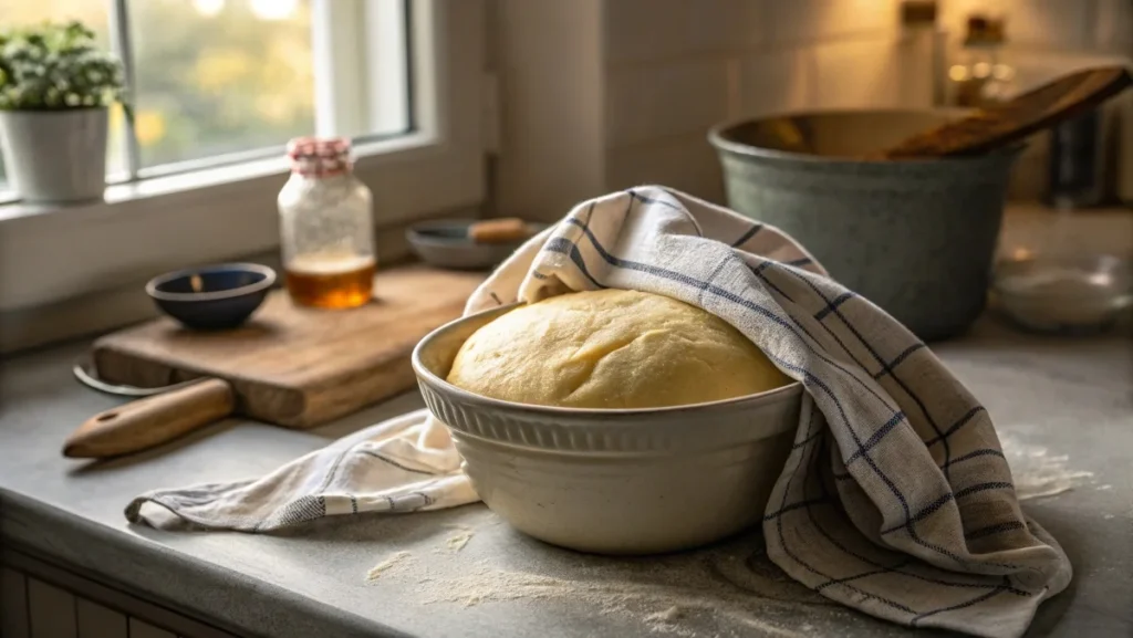 Brioche dough resting overnight in a bowl on a kitchen countertop.