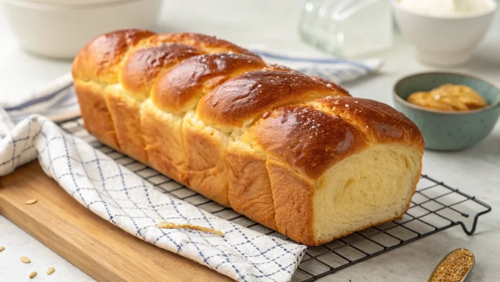 A freshly baked golden braided brioche loaf with a soft, shiny crust, sliced to reveal a light and airy interior.